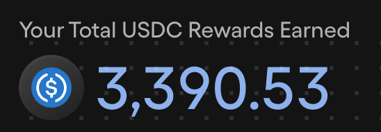 A screenshot displays a total of 3,390.53 USDC rewards earned, serving as visual proof of the profits generated from the airdrop activities mentioned in the post.