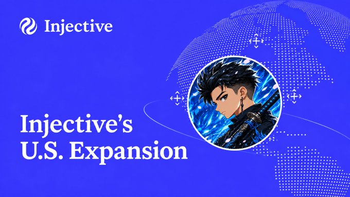 An Injective blockchain announcement graphic titled "Injective's U.S. Expansion" featuring an anime-style character illustration.
