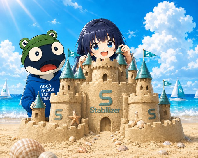 On a sunny beach, an anime girl and a frog mascot proudly stand beside a detailed sandcastle emblazoned with the Stabilizer logo and the motto “GOOD THINGS TAKE TIME.” This scene reflects the “week well spent building” mentioned in the post.