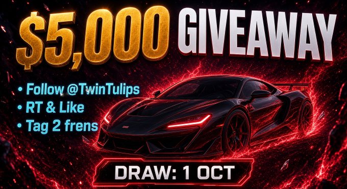 A "$5,000 GIVEAWAY" graphic featuring a black sports car with red accents, instructing users to "Follow @TwinTulips," "RT & Like," and "Tag 2 frens" with a "DRAW: 1 OCT." The image promotes a social media giveaway, paralleling the post's similar call-to-action to follow, like, and retweet for a chance to win.