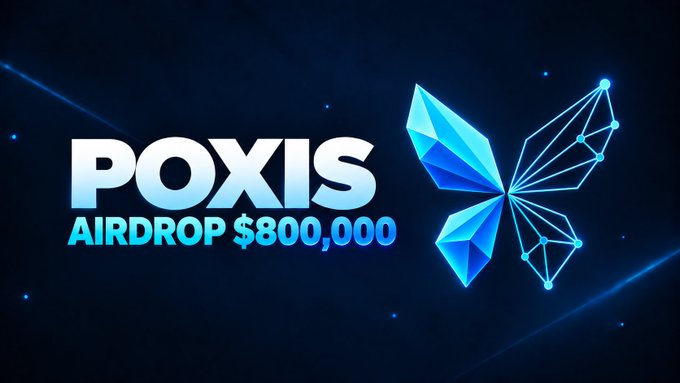 A promotional graphic with a butterfly logo, displaying the text 'POXIS AIRDROP $800,000' against a dark blue background.