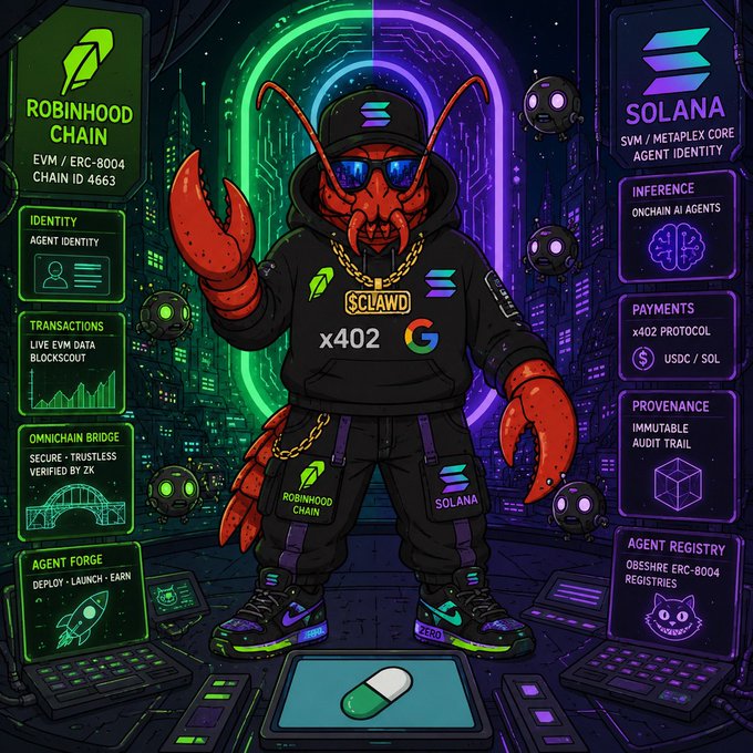A vibrant cyberpunk-style illustration of a lobster character wearing streetwear branded with 'Robinhood Chain' and 'Solana' logos, surrounded by information panels detailing blockchain features like EVM/ERC-8004, agent identity, x402 protocol, and omnichain bridges.