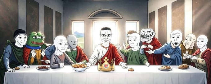 A humorous parody of Leonardo da Vinci's "The Last Supper" features internet meme characters, including Pepe the Frog and various Trollfaces, gathered around a table with Jesus in the center.