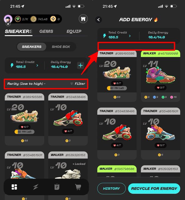 A mobile app interface showing a sneaker collection with categories like 'SNEAKERS,' 'GEMS,' and 'EQUIP,' highlighting a 'Rarity' filter and sneaker details including levels and energy costs.
