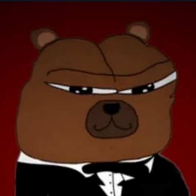 A brown bear character with a stern expression wears a black tuxedo with a bow tie against a red background, matching the post's description of "the brown bear $Bobo."