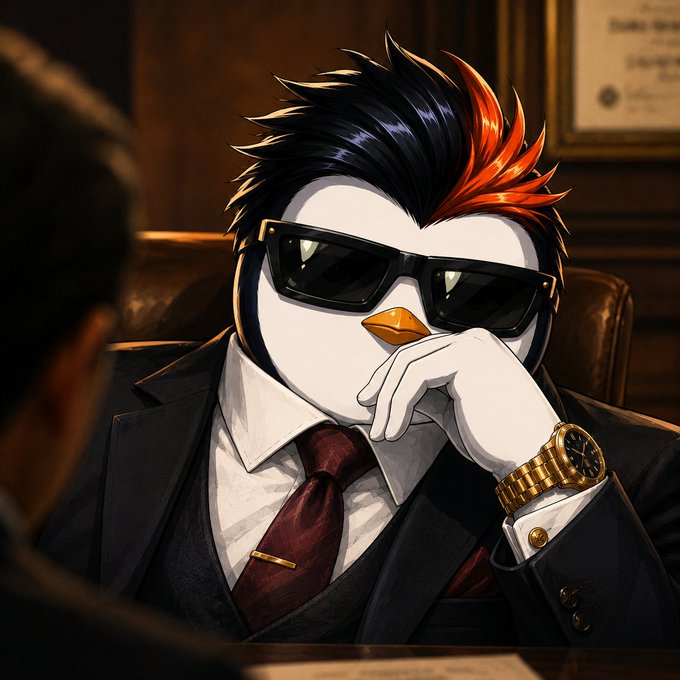 An anime-style illustration of a penguin character with spiky black and orange hair, wearing sunglasses, a black suit, red tie, and a gold watch, sitting with hand to chin.