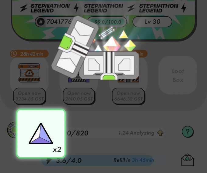 The image shows a screenshot of an app screen with a green triangle icon, which appears to be a button or a menu item. The text "stepn" can also be seen in the image. The background of the image features a green color scheme with white text and icons related to gaming elements such as coins, power-ups, and levels.