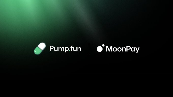 The image features the Pump.fun and MoonPay logos side by side on a dark background with a green light effect, visually promoting the collaboration between the two platforms referenced in the post about Pump.fun's $10,000 giveaway for users who purchase through MoonPay.