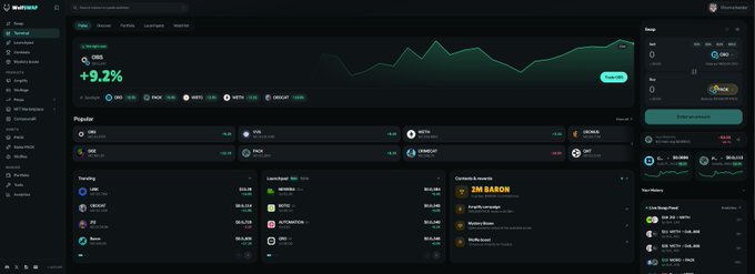 A dark-themed cryptocurrency trading dashboard displays a 9.2% gain for OZO, with trending coins like UNI, CRO, BTC, SXP, and ACT visible alongside charts and contact information for 'JM BARON'.