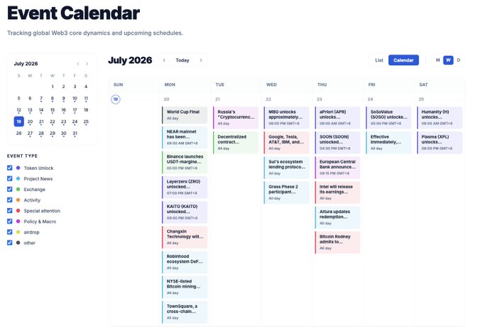 The image shows a July 2026 Web3 event calendar with scheduled events including "NEAR mainnet has been..." on July 20, "Russia's Digital..." and "Decentralized contract..." on July 21, and "MIGI unlocks" on July 22, aligning with the post's preview of key regulatory developments like Russia's Digital Currency Bill readings and crypto-related events for the week of July 20–26.