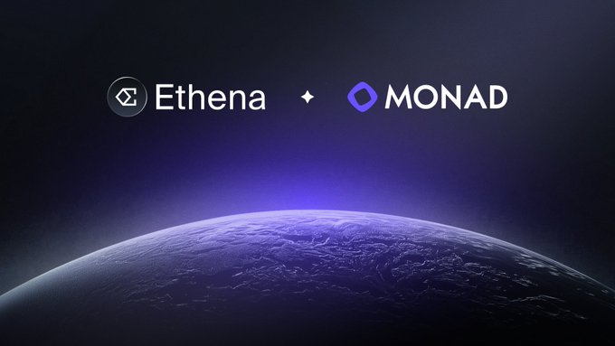 The image displays the logos of "Ethena" and "MONAD" against a cosmic purple background featuring a planet, visually announcing Ethena's launch on the Monad network with USDe and sUSDe stablecoins integrated into the ecosystem.