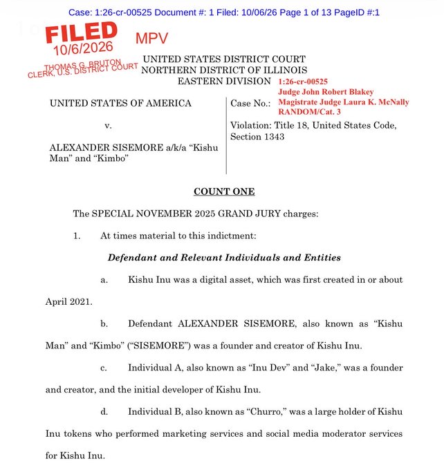 Page 1 of a court document filed on 10/6/2026 in the U.S. District Court Northern District of Illinois, detailing charges against Alexander Sisemore (aka 'Kishu Man' and 'Kimbo') related to the cryptocurrency Kishu Inu.