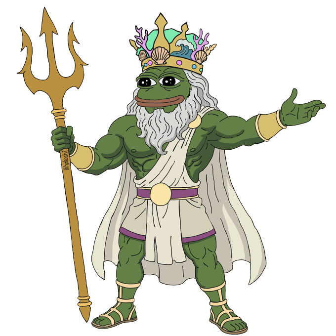 An illustrated cartoon of a muscular green frog character wearing a white toga, gold crown adorned with shells, and wielding a golden trident, resembling Poseidon.