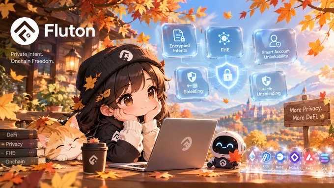 An anime-style promotional graphic for 'Fluton' features a chibi character working on a laptop surrounded by autumn leaves, a cat, and icons highlighting features like 'Encrypted Intents', 'FHE', and 'Shielding'.