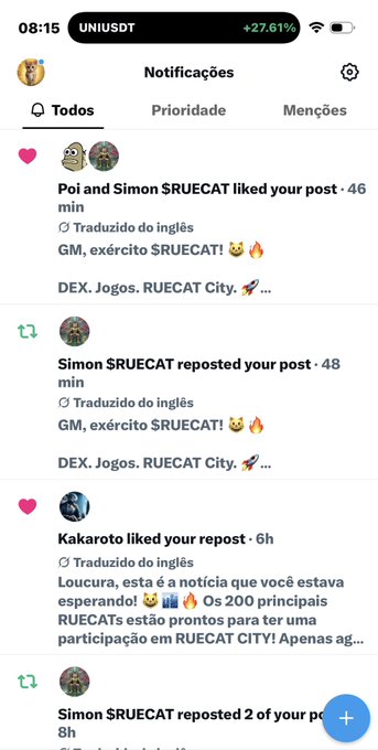 A Twitter/X notifications screen showing alerts that 'Poi and Simon $RUECAT' and 'Simon $RUECAT' liked and reposted posts, plus a message from Kakaroto about waiting for $RUECATS to participate in RUECAT CITY.