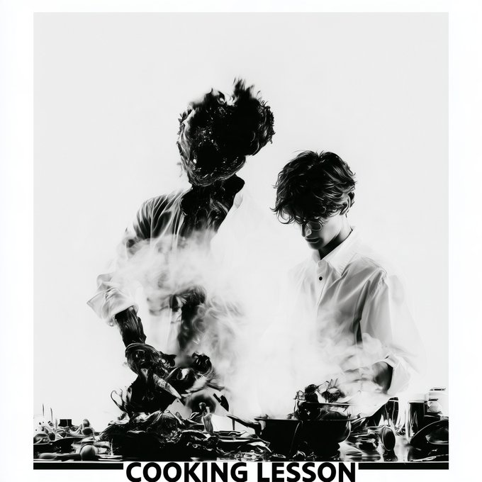 A dramatic black-and-white artistic image showing two figures surrounded by smoke over a table of food and cooking utensils, with the text 'COOKING LESSON' at the bottom.