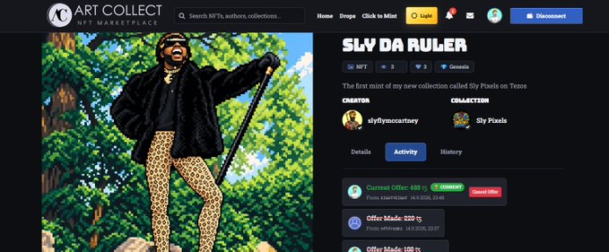 An NFT marketplace listing on Art Collect for a piece titled 'SLY DA RULER' by slylysaccartney, part of the 'Sly Pixels' collection, currently listed at 3,188 Tezos.