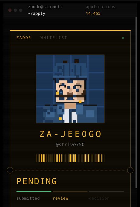 A digital 'zaddr mainnet' application interface displaying a pixel art character NFT called 'ZA-JEE0GO' by @strive750 with status 'PENDING' and 'review' highlighted.