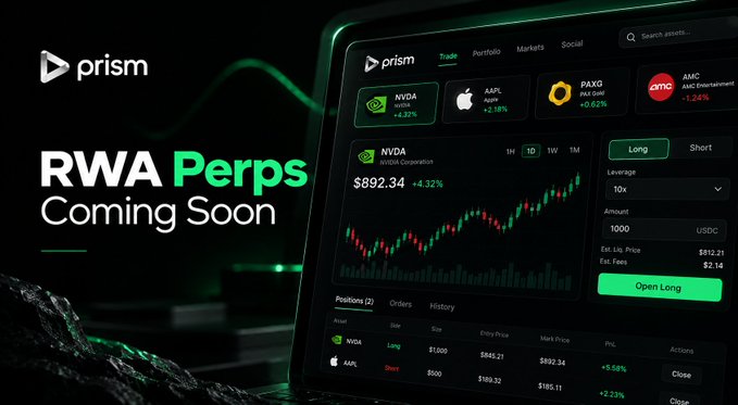 A promotional image for Prism Exchange's upcoming "RWA Perps" feature, showcasing a trading interface with NVDA stock priced at $892.34 (+4.32%) and 10x leverage options, alongside ticker cards for NVDA, AAPL, PAXG, and AMC, highlighting the platform's upcoming ability to trade 31 unique assets with up to 100x leverage.