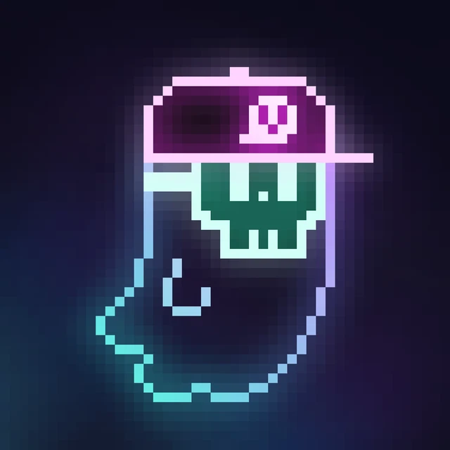 A pixel art illustration of a stylized character wearing a purple cap with a 'W' logo, set against a dark blue background.
