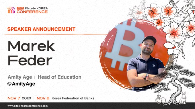 A Bitcoin Korea Conference 2026 speaker announcement graphic for Marek Feder, Head of Education at Amity Age (@AmityAge), with event dates Nov 7 at COEX and Nov 8 at Korea Federation of Banks.
