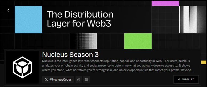 Digital advertisement or webpage banner reading 'The Distribution Layer for Web3' promoting 'Nucleus Season 3' with @NucleusCodes social handle.