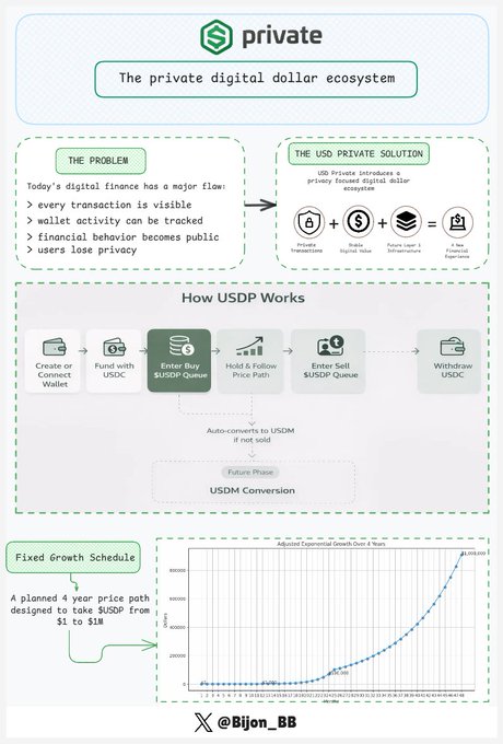 The image shows a visual representation of the Private Digital Dollar ecosystem, with a diagram illustrating how private dollars work within the context of cryptocurrencies like Bitcoin. The infographic provides information about how users can use digital money without revealing their financial activity through a series of steps that are clearly laid out in blue text against a green background. This transparent approach helps maintain users' privacy and security while still allowing them to enjoy the benefits of using digital currency, such as tracking transactions and analyzing user behavior data for research purposes.
