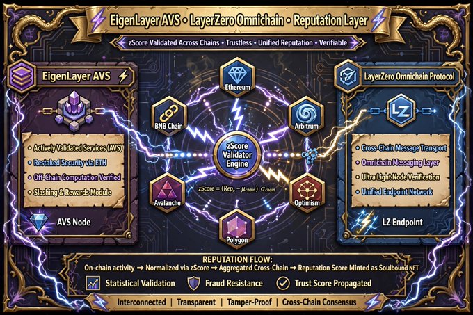 A complex blockchain technology infographic showing the EigenLayer AVS, LayerZero Omnichain Protocol, and Reputation Layer architecture with interconnected networks including Ethereum, BNB Chain, Arbitrum, Avalanche, Optimism, and Polygon.