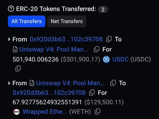 A screenshot of a crypto transaction interface showing 'ERC-20 Tokens Transferred: 2', detailing transfers between '0x920d3b63...102c39708' and 'Uniswap V4: Pool Man...' involving USDC and WETH.