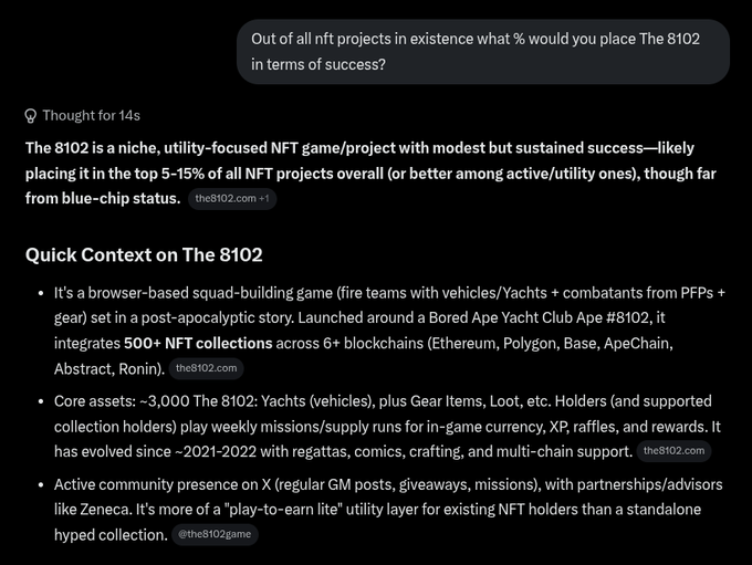 A ChatGPT response evaluating 'The 8102' NFT project, stating it's 'likely placing it in the top 5-15% of all NFT projects overall,' and providing context that it's a browser-based squad-building game integrating 500+ NFT collections across 6+ blockchains including Ethereum, Polygon, Base, and ApeChain.