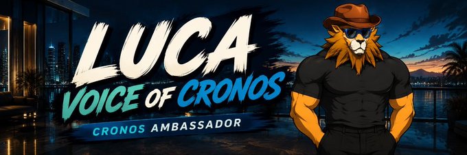 A banner shows a lion mascot wearing sunglasses and a hat, with the text 'LUCA VOICE OF CRONOS' and 'CRONOS AMBASSADOR'.