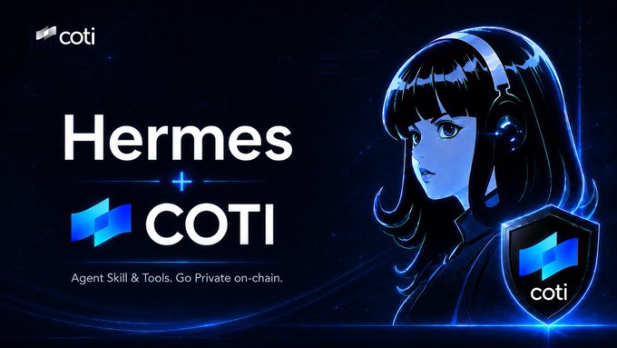 The image features a poster for COTI, which is an open source AI agent that can create private wallets and send encrypted messages. The poster also includes a cartoon illustration of a girl with long hair wearing headphones, who appears to be a character from a video game or movie. The text on the poster reads "Hermes just got on-chain privacy! World's top open-source AI agent can now create private wallets, send encrypted msgs & earn $COTI". This suggests that COTI is promoting its services for creating secure and private digital assets using the hermes-agent.ai platform.