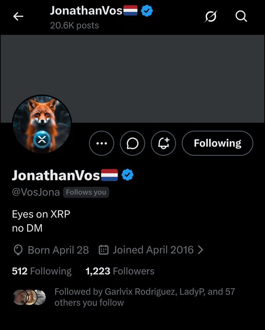 A Twitter/X profile page for JonathanVos (@VosJona), a verified user with the Dutch flag emoji, featuring a fox avatar and the XRP "X" logo, showing 20.6K posts, 1,223 followers, and a bio stating "Eyes on XRP, no DM." The profile aligns with the post's shoutout to an XRP HODLer, highlighting the user's focus on the XRP cryptocurrency as indicated by both their bio and profile image.