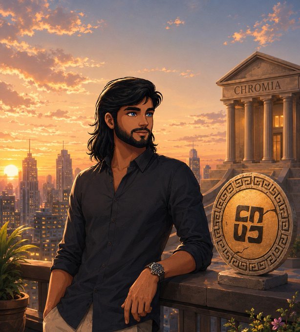 A stylish man with dark hair and a beard stands on a balcony overlooking a city skyline at sunset, beside a Greek-style temple inscribed "CHROMIA" and a medallion bearing a geometric emblem. The image evokes the post's theme of building strong foundational infrastructure for DeFi, with the classical architecture symbolizing enduring, high-performance networks like @NomismaNetwork supporting scalable onchain finance.