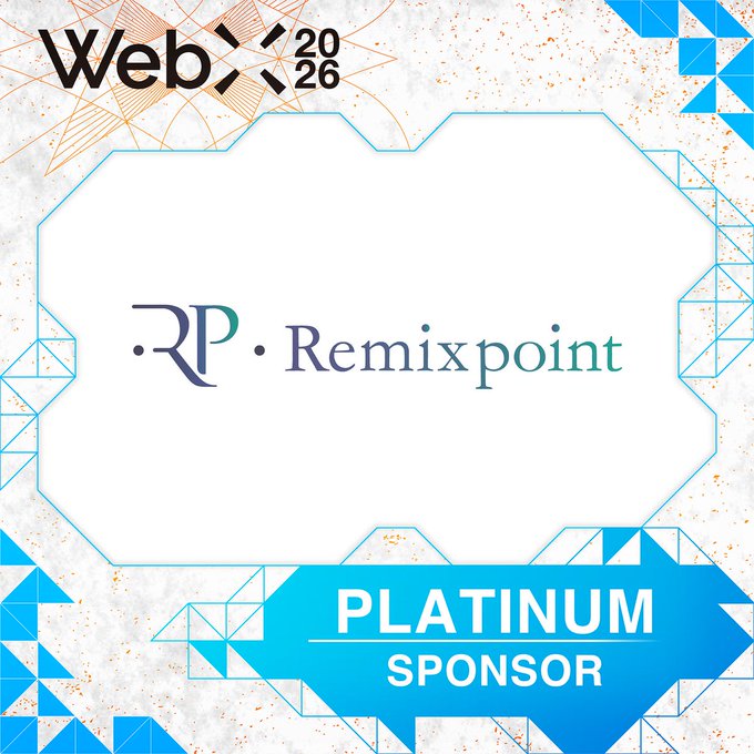 A promotional graphic for WebX 2026 featuring the Remixpoint logo as a Platinum Sponsor, with the event held July 13-14 in Tokyo. The design includes geometric blue patterns, gold accents, and the WebX 2026 logo in the upper left corner.