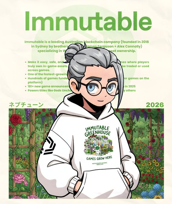 An infographic about Immutable, described as a leading Australian blockchain company founded by James Ferguson and Alex Connolly, featuring an anime-style character wearing an 'Immutable Greenhouse' hoodie with the text 'Games Grow Here'.