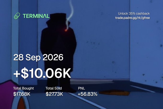A promotional graphic for "TERMINAL" featuring a silhouetted figure smoking a cigarette, advertising 35% cashback via trade.padre.gg/rk/gfree and displaying stats for 28 Sep 2026: +$10.06K PNL with $17.68K bought and $2773K sold.