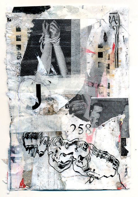 A mixed-media collage includes a newspaper clipping of hands, the letter 'J', the number '258', and a black ink sketch of a muscular figure at the bottom.