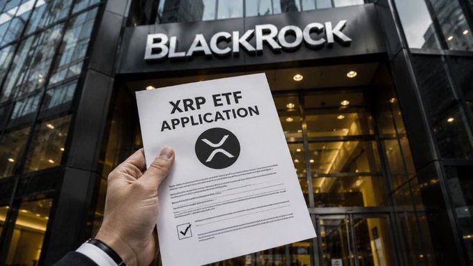 A hand holds an "XRP ETF APPLICATION" document featuring the XRP logo in front of the BlackRock office entrance, visually illustrating the market speculation that BlackRock may file for an XRP ETF should the CLARITY Act be passed.