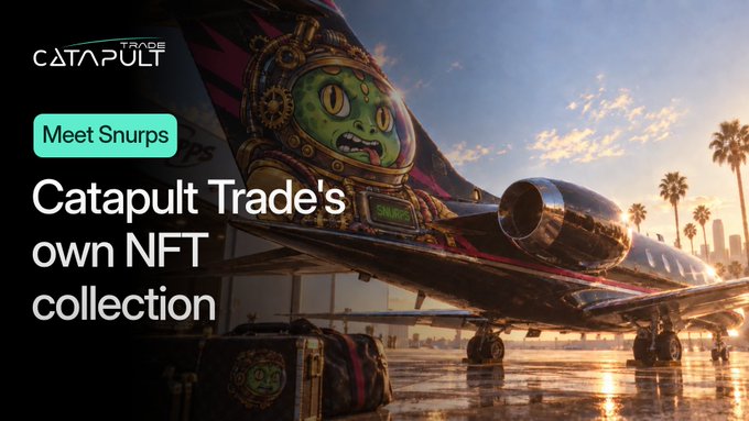 A promotional banner for 'Catapult Trade' advertising their NFT collection 'Snurps,' featuring a stylized cartoon character on a fighter jet with the text 'Meet Snurps' and 'Catapult Trade's own NFT collection.'