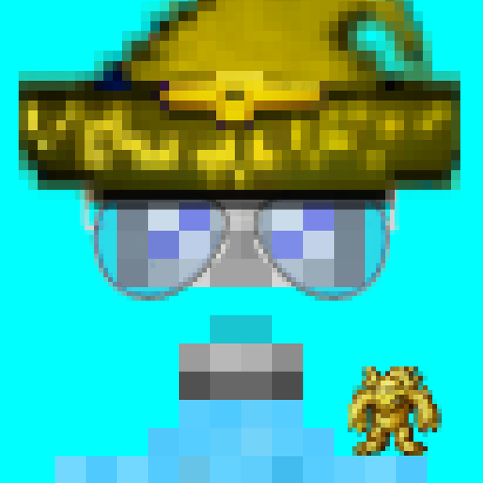 A pixelated avatar with a pixel sombrero, pixelated sunglasses and pixelated stick figure "OG" golden statue stands against a cyan background, embodying the Web3 grind and crypto cowboy spirit celebrated in the GM "just meme" post paying tribute to Legends across the space.