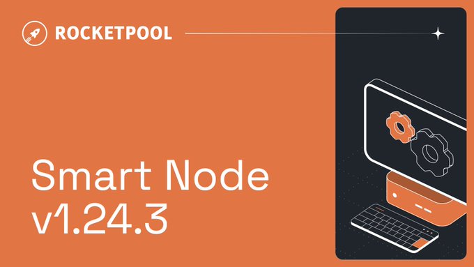 An orange promotional banner for Rocket Pool featuring the text 'Smart Node v1.24.3' alongside an illustration of a computer monitor with gear icons.