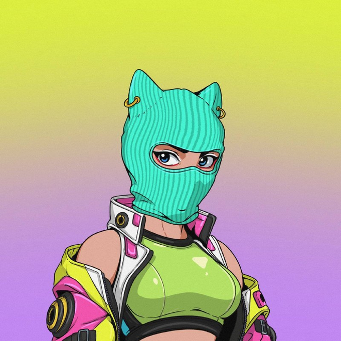 An anime-style illustration features a character wearing a teal cat-eared ski mask and a colorful yellow, pink, and green futuristic outfit against a gradient pastel background, fitting the playful aesthetic of the Kageuri project mentioned in the post about a potential mint.