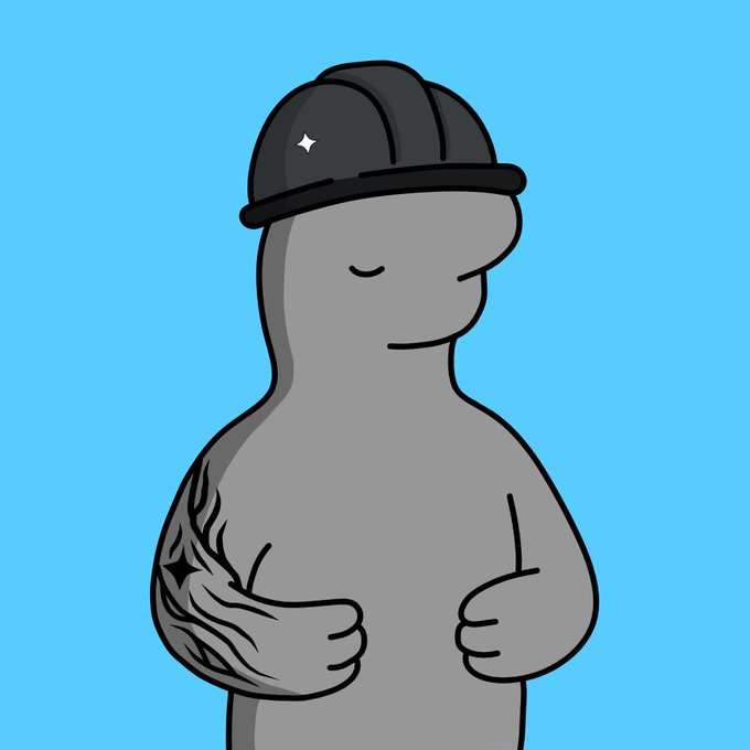 A cartoon gray character wearing a black cap with a sparkle stands against a bright blue background, with a subtle tribal flame tattoo visible on its arm, complementing the tweet's mention of "every run leaves a trace" from @biwlsxyz.