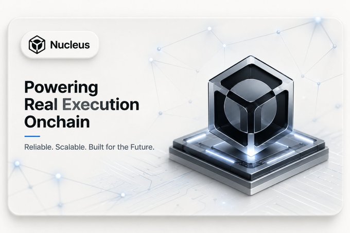 A promotional graphic for 'Nucleus' featuring the text 'Powering Real Execution Onchain' with the tagline 'Reliable. Scalable. Built for the Future.' next to a 3D metallic cube logo.
