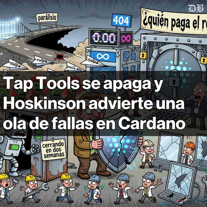 The image features a cartoon depiction of a group of people working together to fix a broken machine, with one person holding a shield over their head as they work. The caption for the image reads "Cierre en imminente de Tap Tools, una plataforma clave en Cardano Anuncia el fin de sus operaciones en dos semanas debido a la falta de financiamiento y liderazgo". This suggests that the cartoon is related to the concept of Tap Tools and how they can be used in fixing or improving machines. The post also mentions Hoskinson's advice on how to fix a broken machine, which could be interpreted as an endorsement for the use of Tap Tools in this situation.