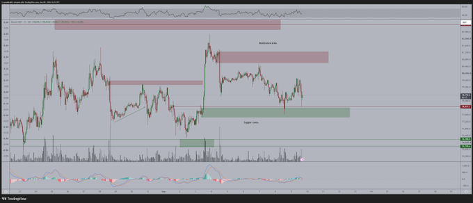 The image shows a TradingView chart of Bitcoin (BTC/USD) featuring candlestick price action with annotated "Resistance area" (pink) and "Support area" (green) zones, along with volume and MACD indicators below. The recent sharp price spike and subsequent reversal align with the post's observation of a "funny little sweep" that ultimately leaves the overall market structure unchanged, as price quickly returned between the established support and resistance levels.