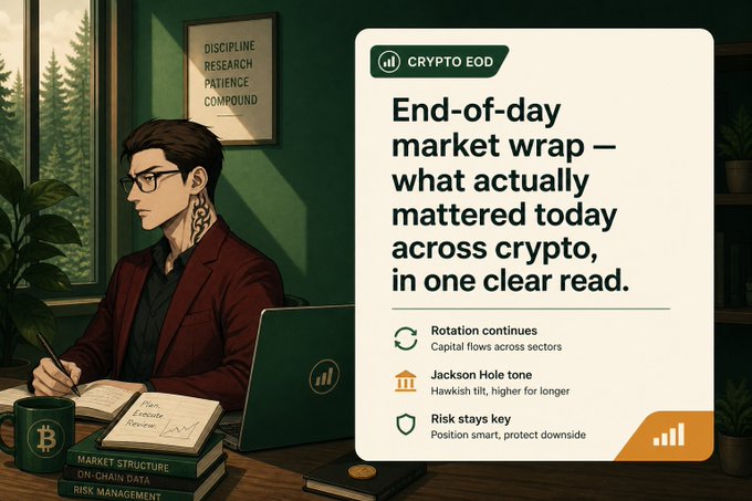 Promotional graphic for a "CRYPTO EOD" newsletter, illustrated with an analyst at a desk, highlighting topics like "Rotation continues," "Jackson Hole tone," and "Risk stays key."