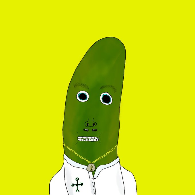 A cartoon pickle character with a human face wearing a white shirt with a cross emblem and a gold chain features a pendant marked "P," against a yellow background. The "GM CT" (good morning Crypto Twitter) post uses the pickle mascot to wish followers a "Happy Hump Wednesday."