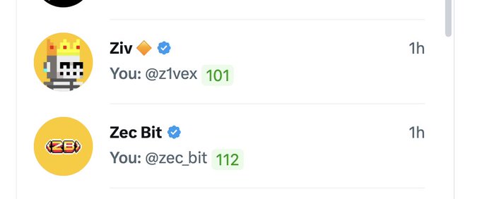 A screenshot of social media interactions showing users 'Ziv' (@z1vex) and 'Zec Bit' (@zec_bit) with verified badges, both with green-highlighted numbers (101 and 112) next to 'You:' replies.
